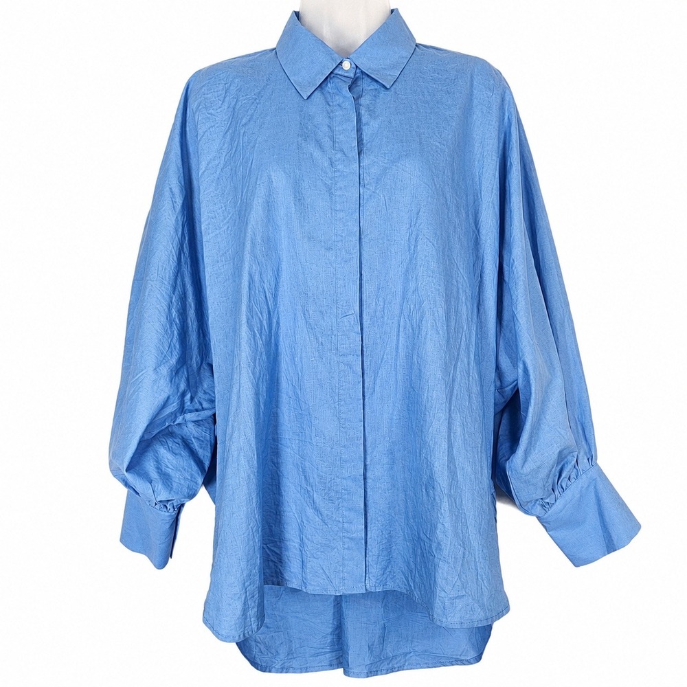 The NKC Store Top Women One Size Blue Oversized Dolman Button Cotton Poplin Boho